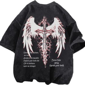 Lytiarul Vintage Goth Punk Shirts for Men Grunge Streetwear Oversized Tshirts Gothic Cross Y2k Graphic Tees Acid Wash T Shirt