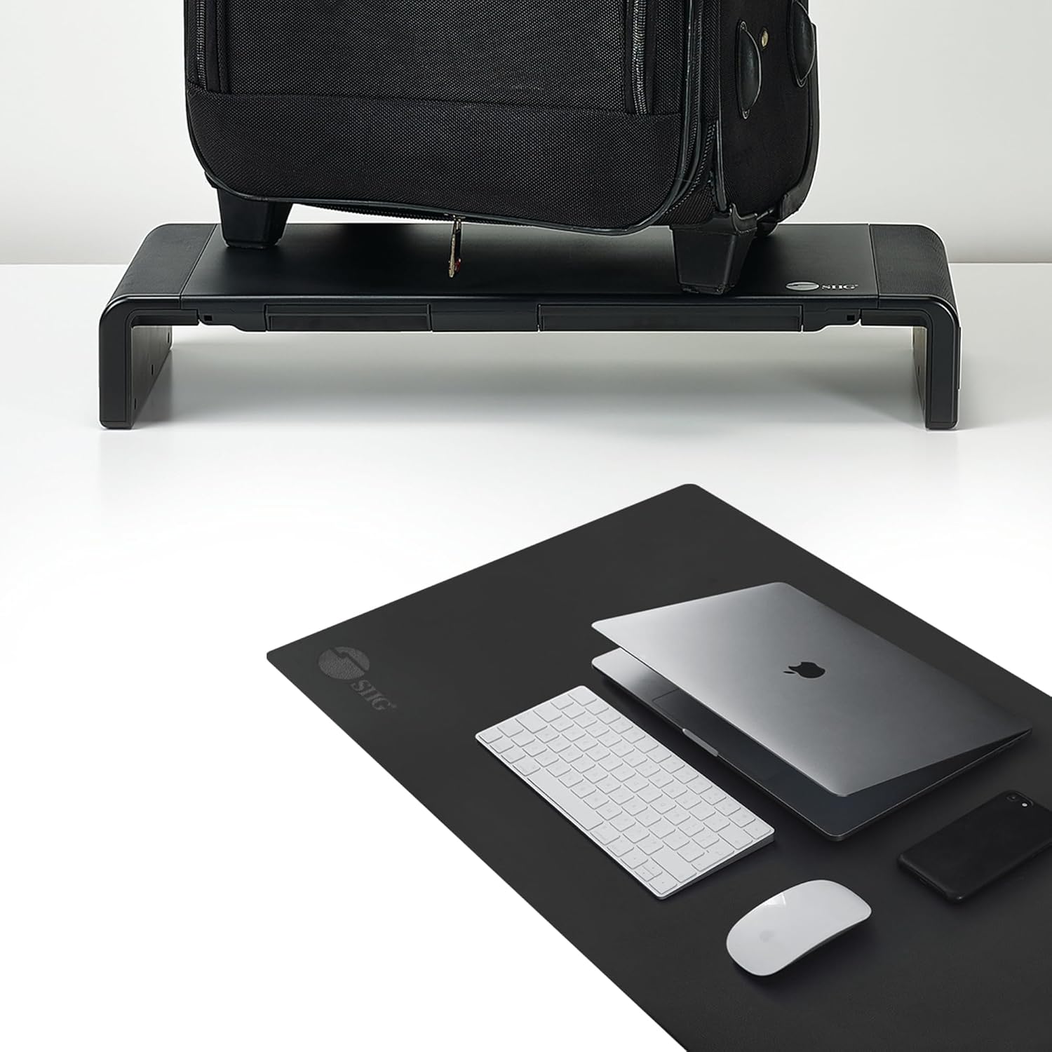 SIIG Extra Large Black Vegan Leather Desk Mat and Foldable Monitor Stand