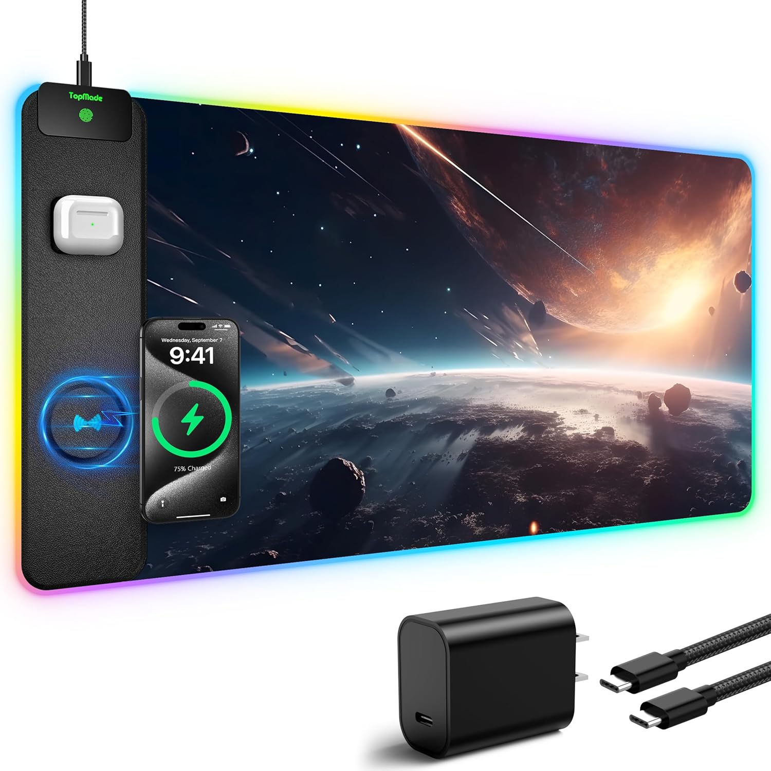 TopMade RGB Gaming Mouse Pad with 15W Wireless Charging, 31.5” x 15.8” XXL Large Desk Mat Home Office Keyboard Pad for Desk, Waterproof Mousepad with Smooth Surface, Non-Slip Base, Cosmic Planet