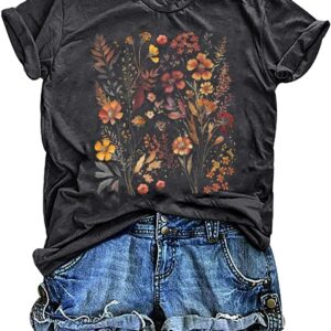 Women's Vintage Floral T Shirt Boho Wildflower Graphic Loose Tees Short Sleeve Casual Tops