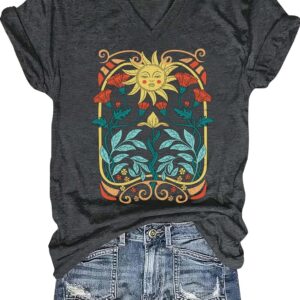 Womens Vintage Flowers V Neck Shirt Boho Floral Wildflowers Graphic Tee Casual Short Sleeve T Shirt